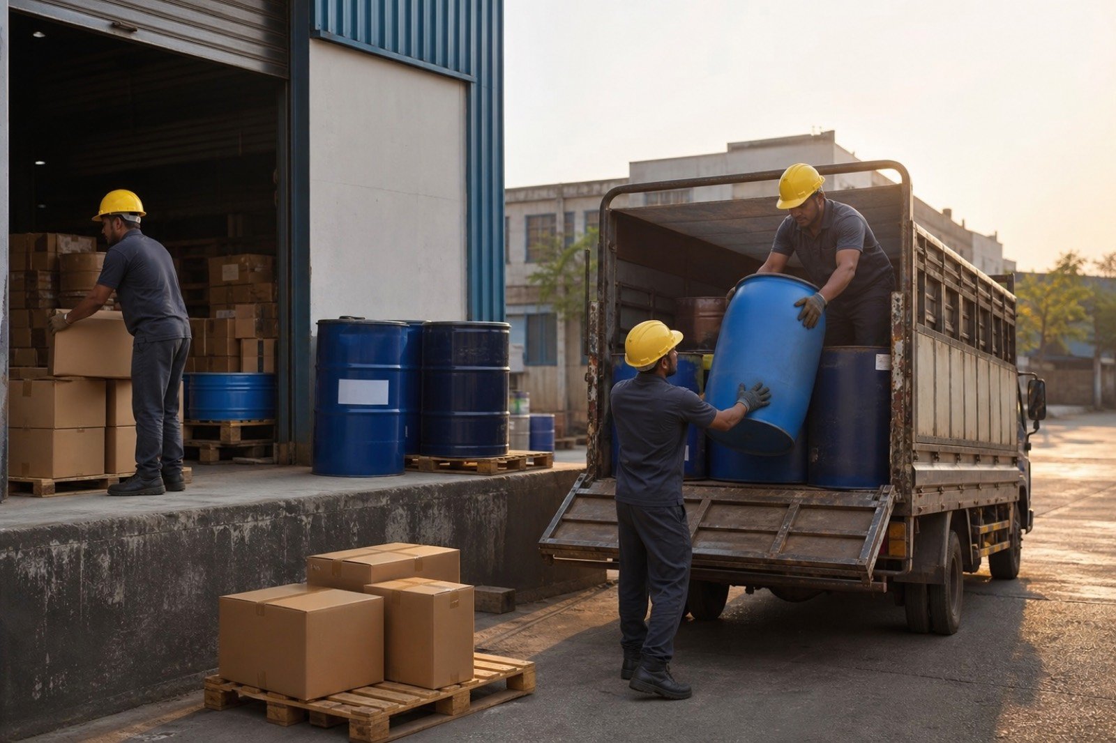 Loading chemical drums onto a delivery truck