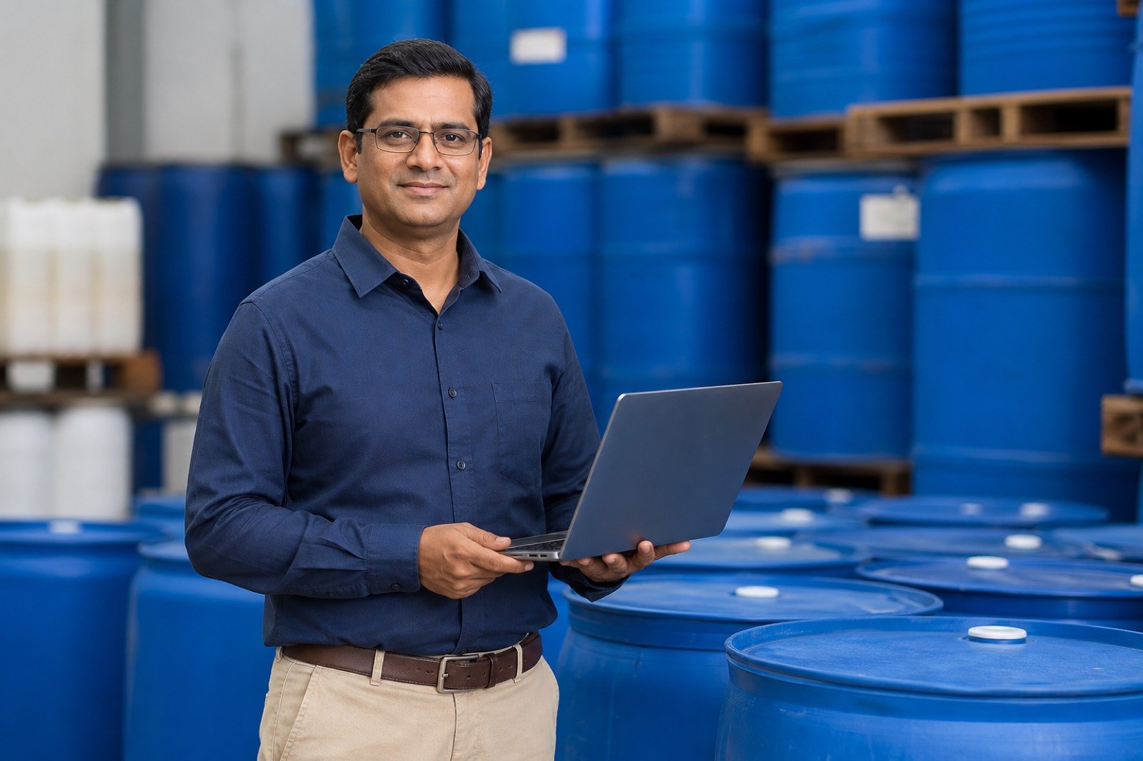 Seller reviewing warehouse stock on a laptop