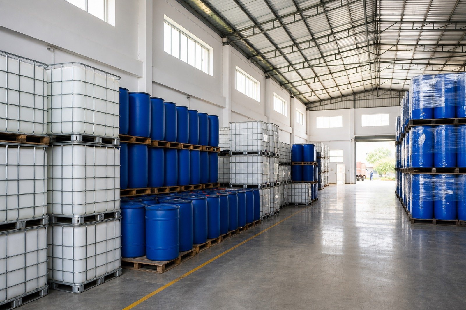 Chemical warehouse with HDPE drums and IBC totes ready for dispatch