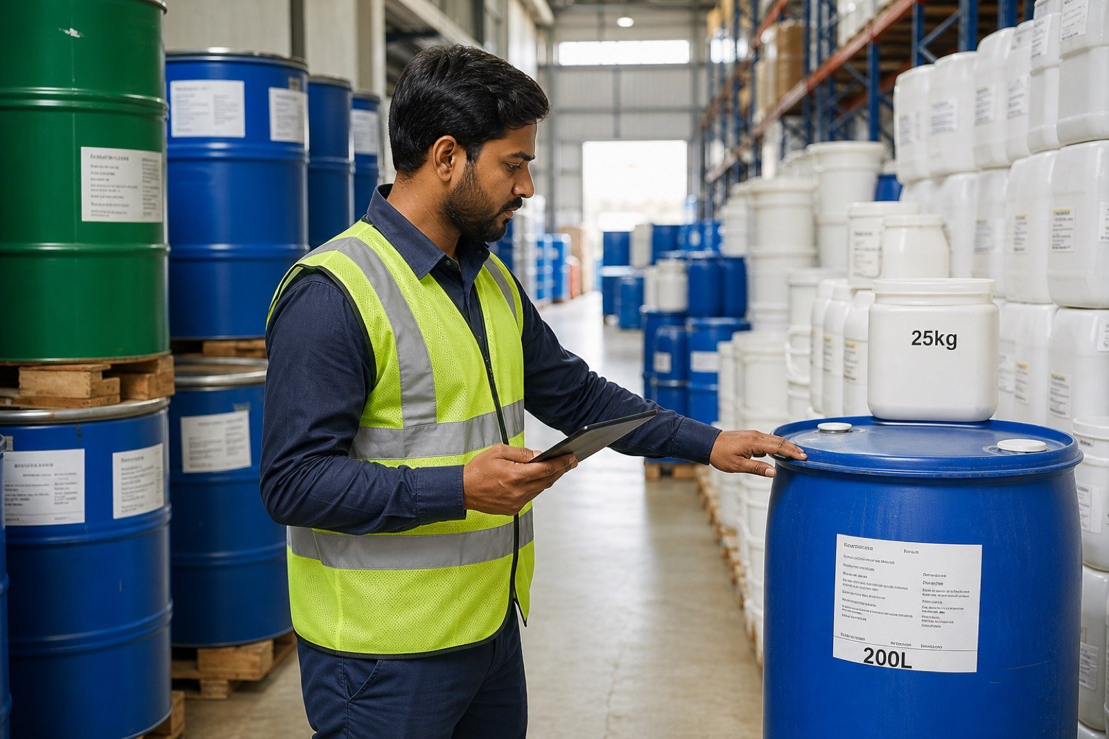Operator checking chemical drums with a tablet