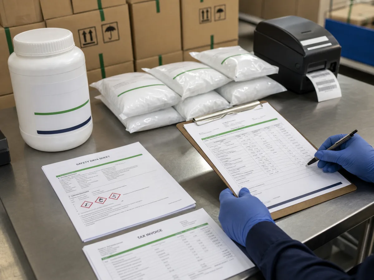 Sealed chemical packs prepared with certificate of analysis, safety data sheet and invoice