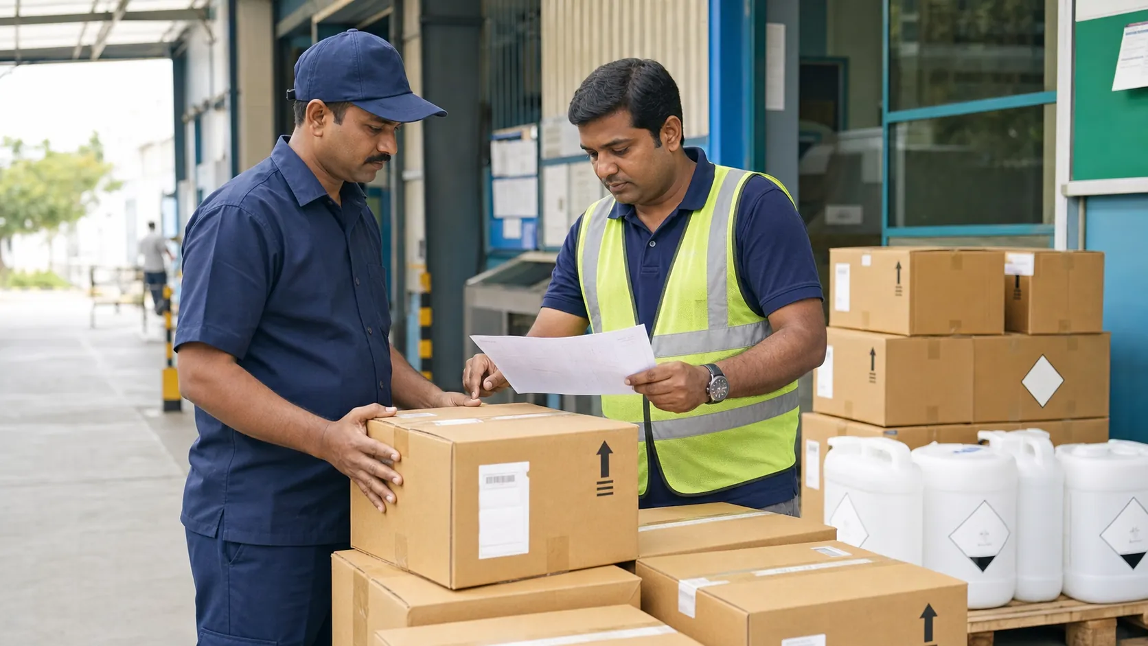 Factory receiving supervisor checking a documented chemical delivery