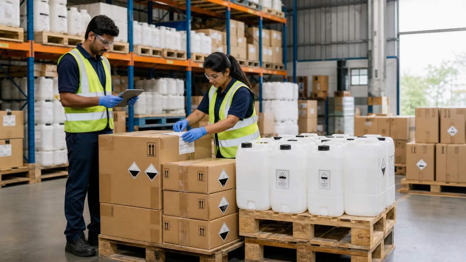 Lubechem dispatch team inspecting sealed chemical containers and shipping cartons