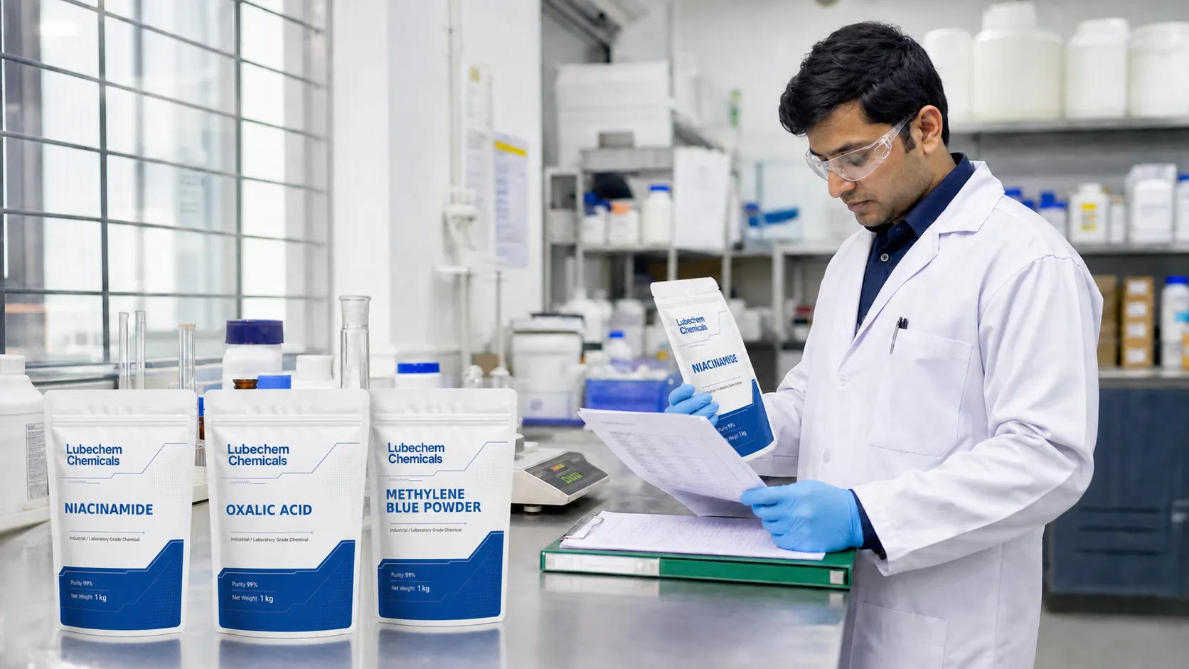 Lubechem quality-control technician checking branded Niacinamide, Oxalic Acid and Methylene Blue product packs against batch documentation