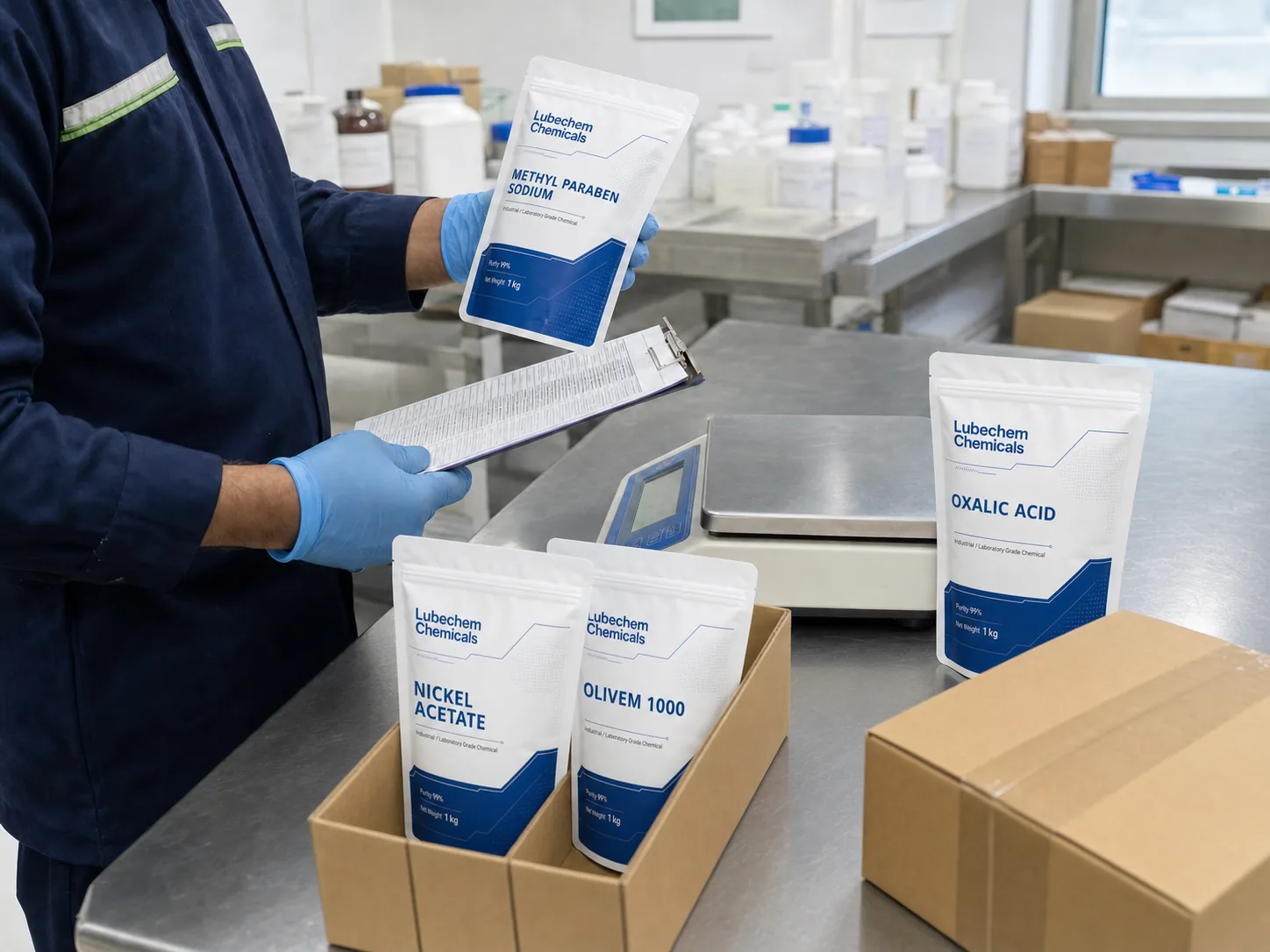 Lubechem Methyl Paraben Sodium, Nickel Acetate, Olivem 1000 and Oxalic Acid packs being matched to an order at the fulfilment bench