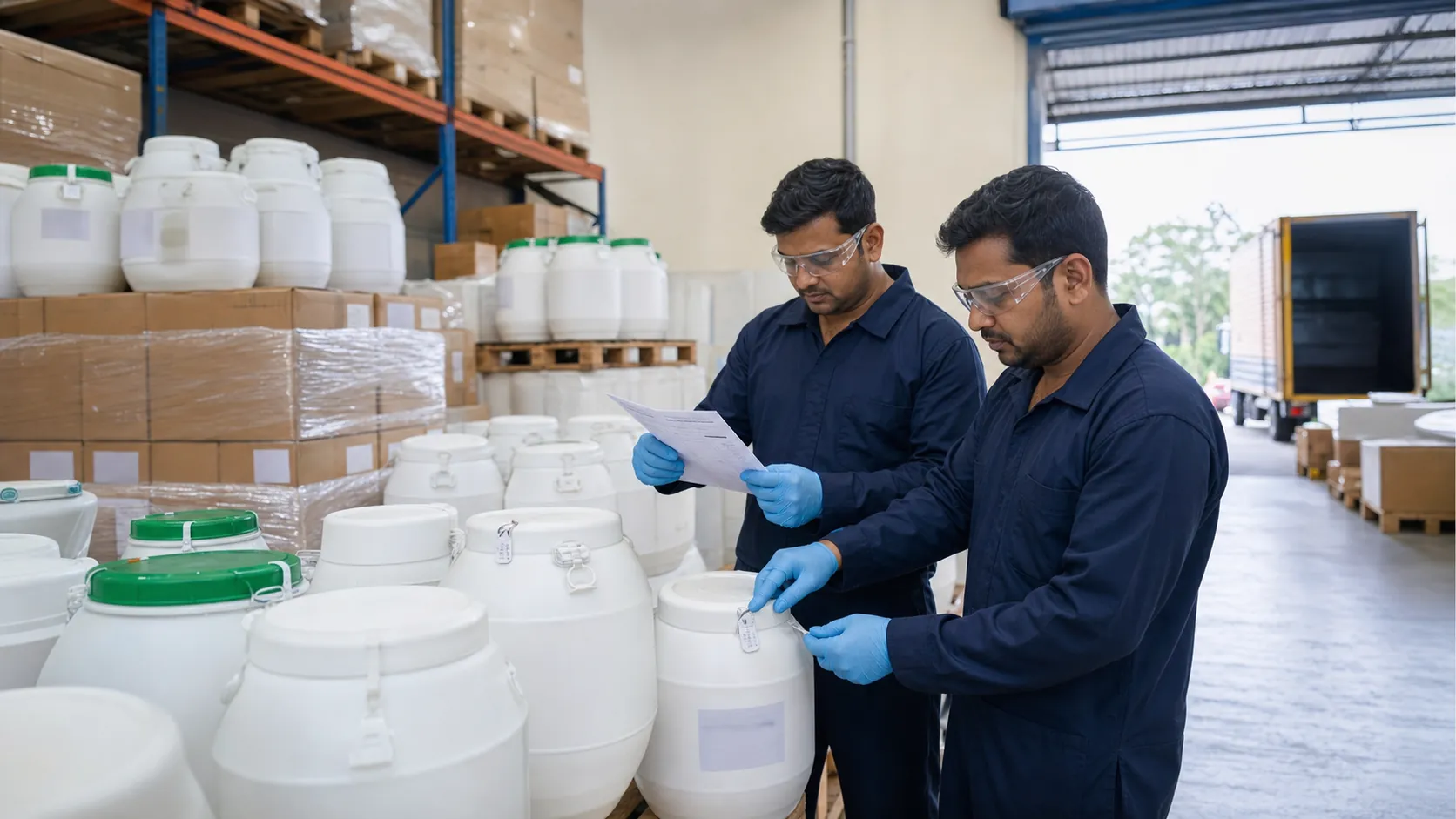 Warehouse staff checking seals and batch paperwork on newly received chemical stock