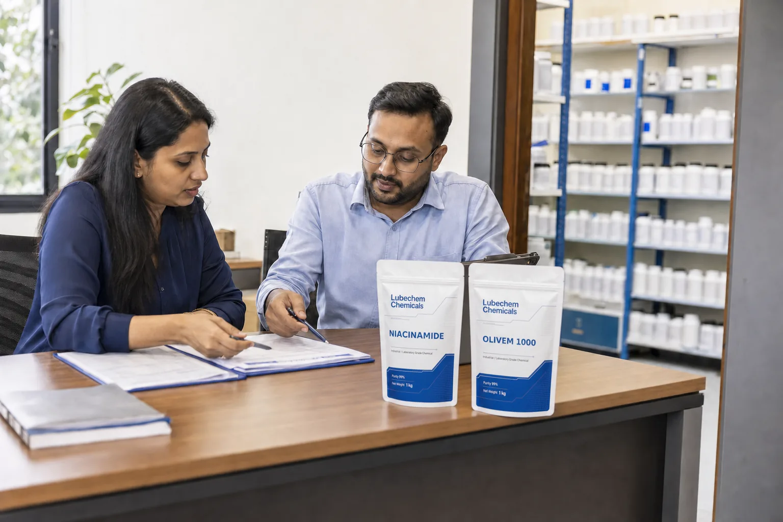 Procurement manager reviewing Lubechem Niacinamide and Olivem 1000 product samples with a technical specialist